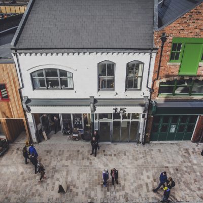 Top down view of a street full of people