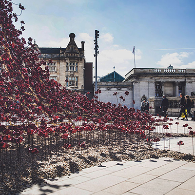 Tower with many poppies sticking out from it.