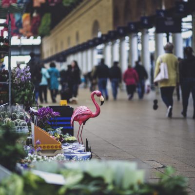 Shop with flamingo in bus station