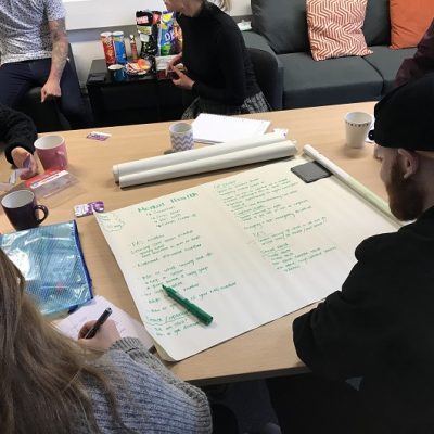 Group of people are sat writing on a big piece of paper