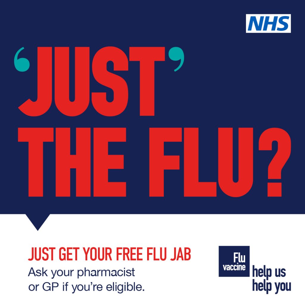 Big red writing on a dark navy background: Just get your free flu jab. Ask your pharmacist or GP if you're eligible.